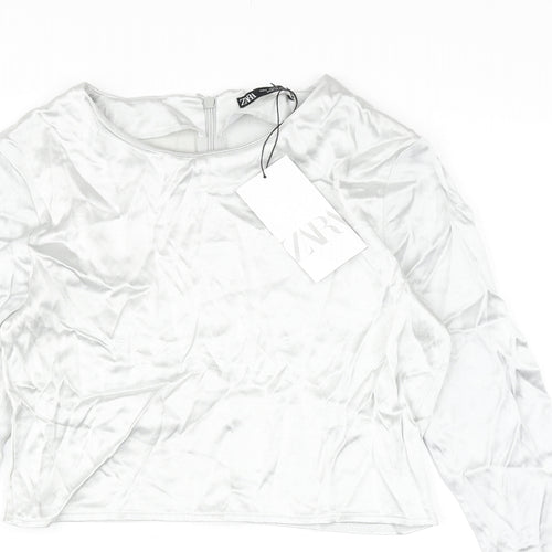 Zara Womens Silver Polyester Cropped Blouse Size S Round Neck