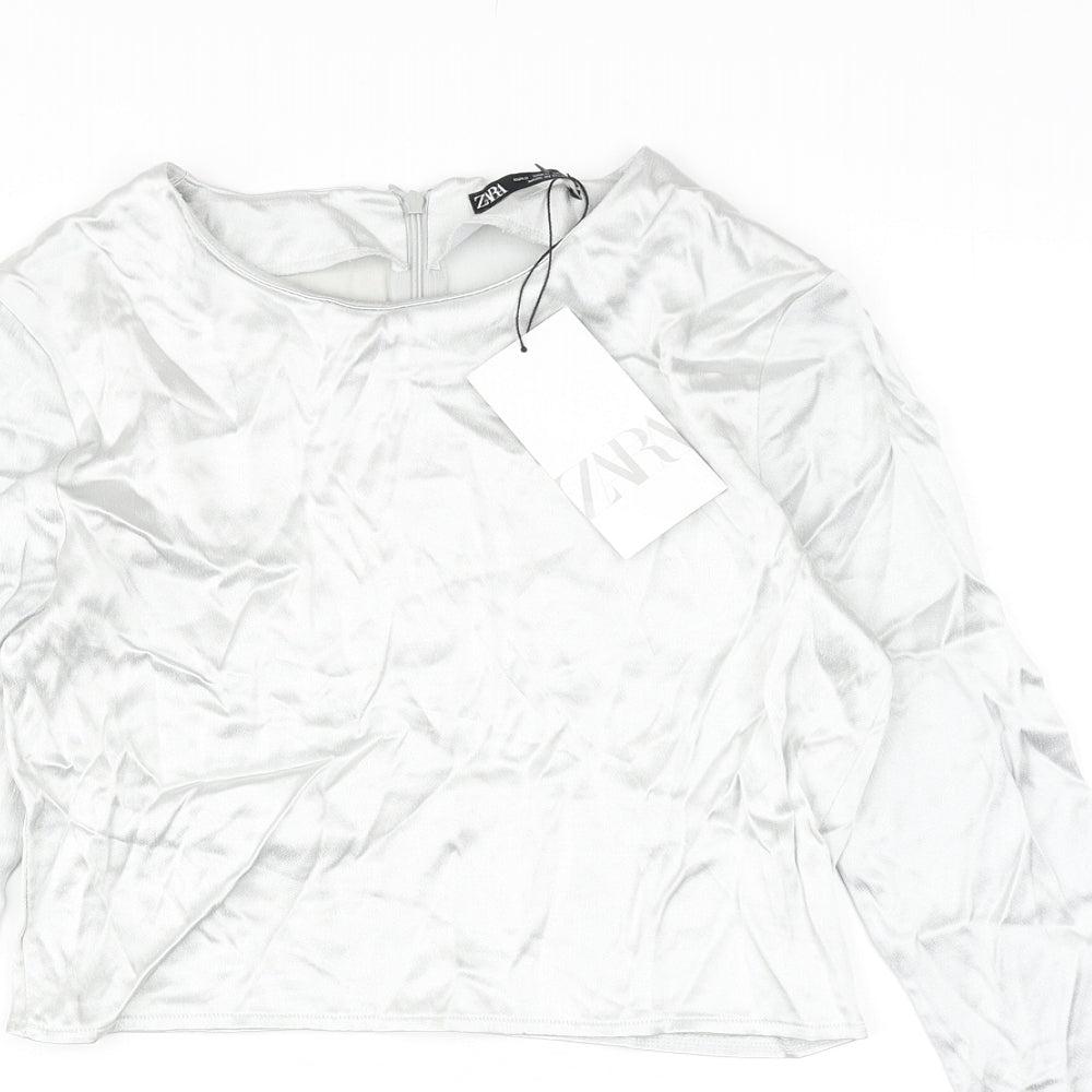 Zara Womens Silver Polyester Cropped Blouse Size S Round Neck