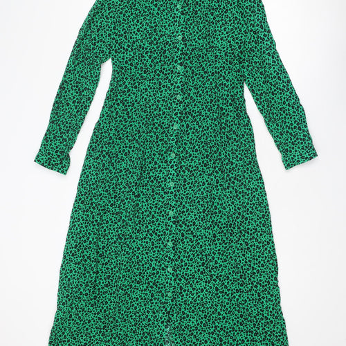 New Look Maternity Womens Green Animal Print Viscose Shirt Dress Size 10 Collared Button - Leopard pattern