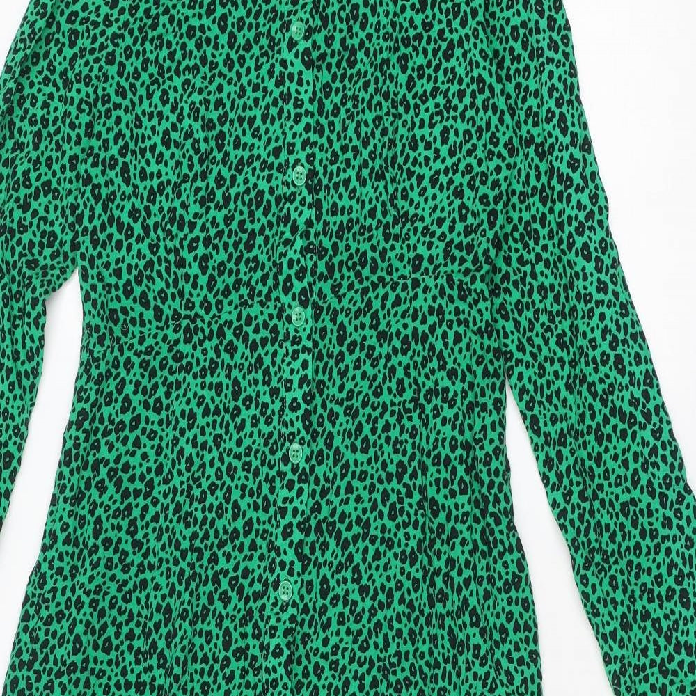 New Look Maternity Womens Green Animal Print Viscose Shirt Dress Size 10 Collared Button - Leopard pattern