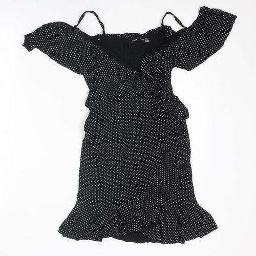 I SAW IT FIRST Womens Black Polka Dot Viscose A-Line Size 8 V-Neck Pullover - Cold shoulder