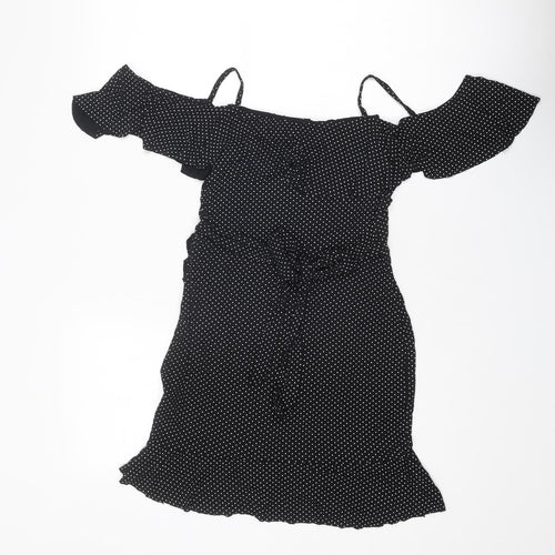 I SAW IT FIRST Womens Black Polka Dot Viscose A-Line Size 8 V-Neck Pullover - Cold shoulder