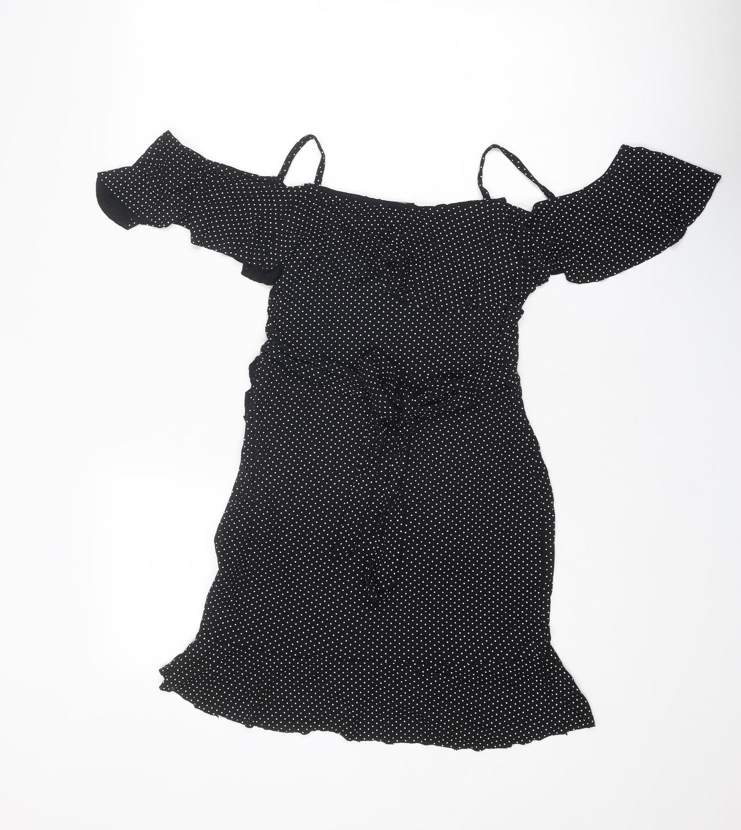 I SAW IT FIRST Womens Black Polka Dot Viscose A-Line Size 8 V-Neck Pullover - Cold shoulder