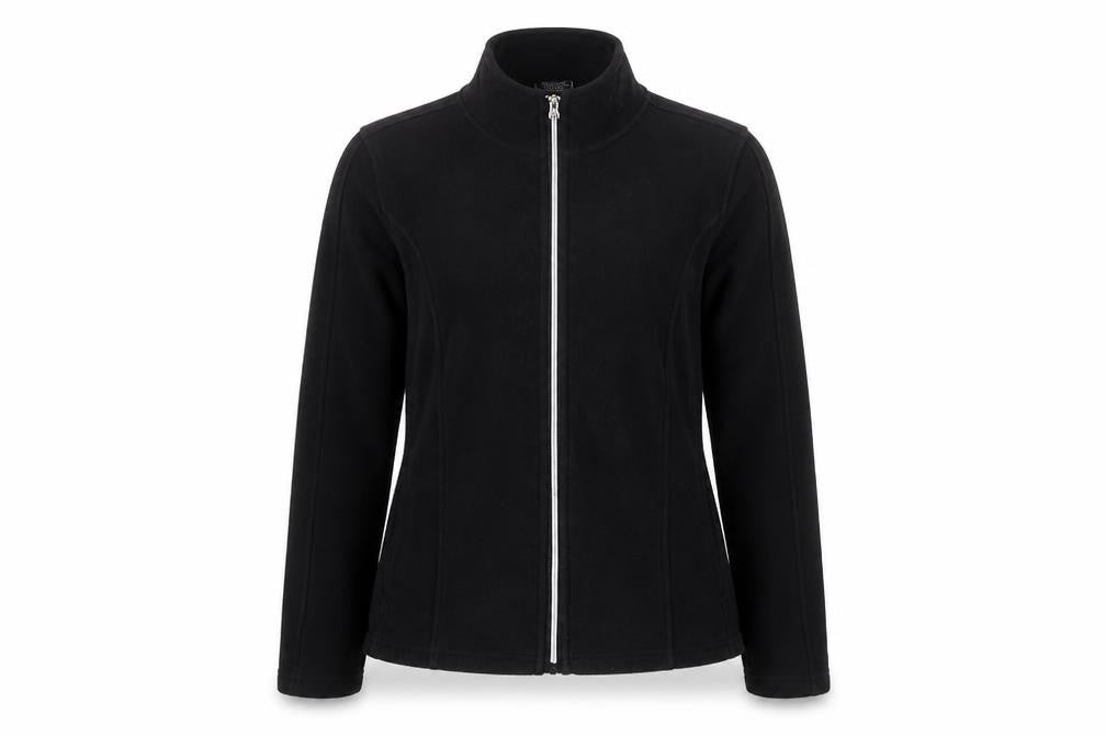 Front view of BC Clothing women’s black jacket, size M, zip