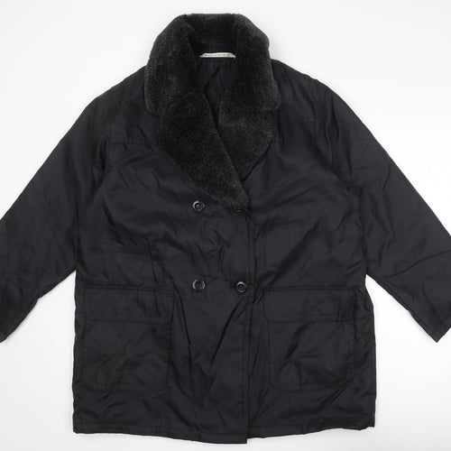 Marks and Spencer Womens Black Overcoat Coat Size 16 Button - Faux Fur Collar