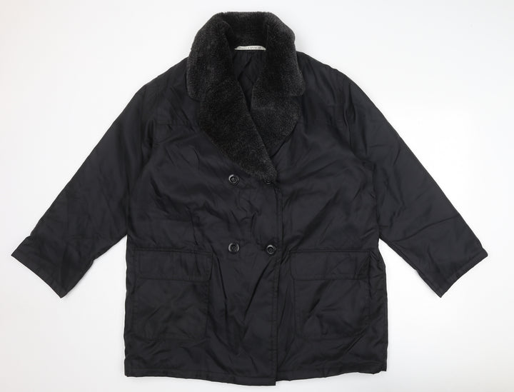 Marks and Spencer Womens Black Overcoat Coat Size 16 Button - Faux Fur Collar