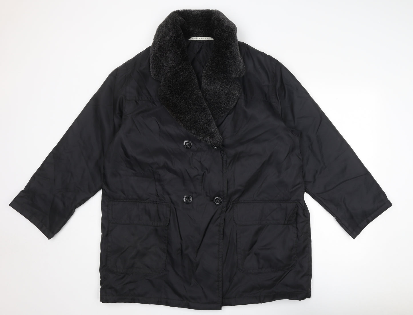 Marks and Spencer Womens Black Overcoat Coat Size 16 Button - Faux Fur Collar
