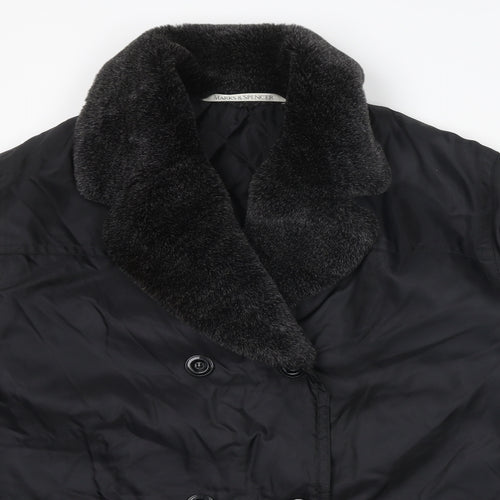 Marks and Spencer Womens Black Overcoat Coat Size 16 Button - Faux Fur Collar