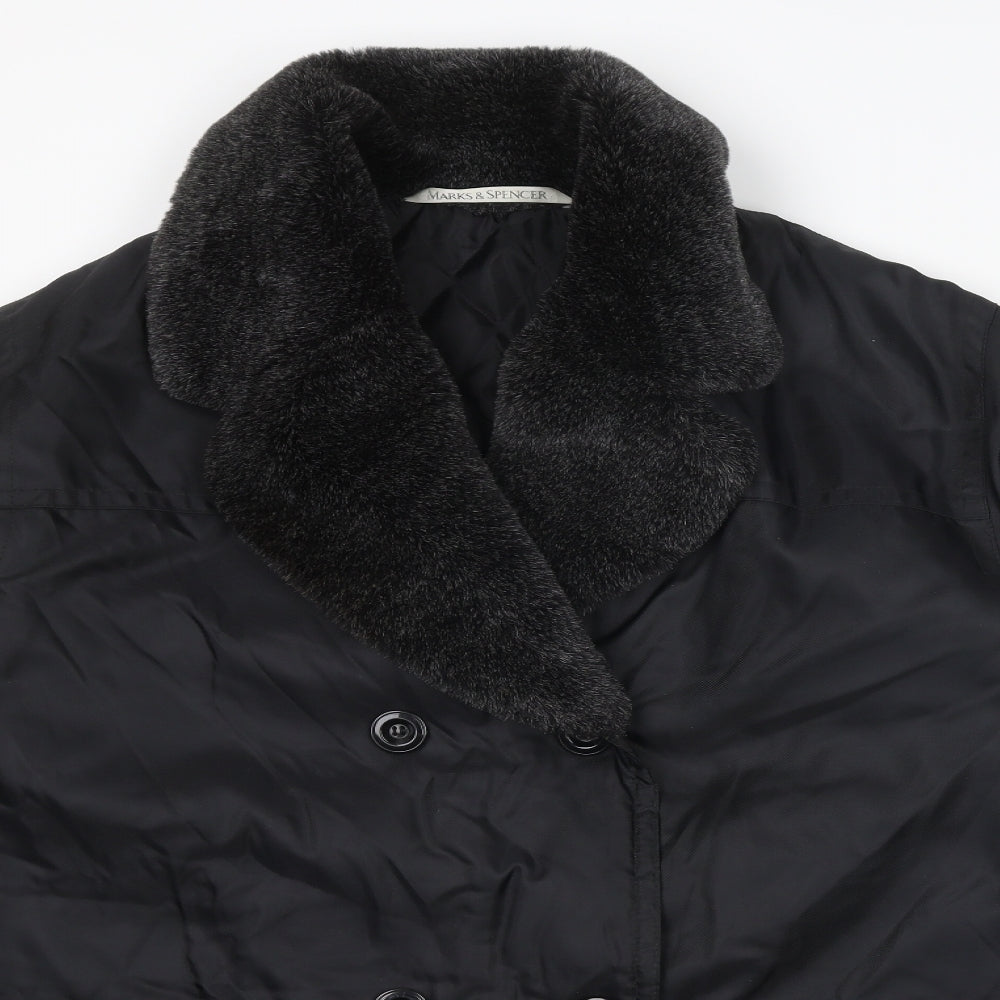 Marks and Spencer Womens Black Overcoat Coat Size 16 Button - Faux Fur Collar