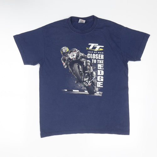 Fruit of the Loom Boys Blue Cotton Basic T-Shirt Size 12-13 Years Round Neck Pullover - Isle of Man TT