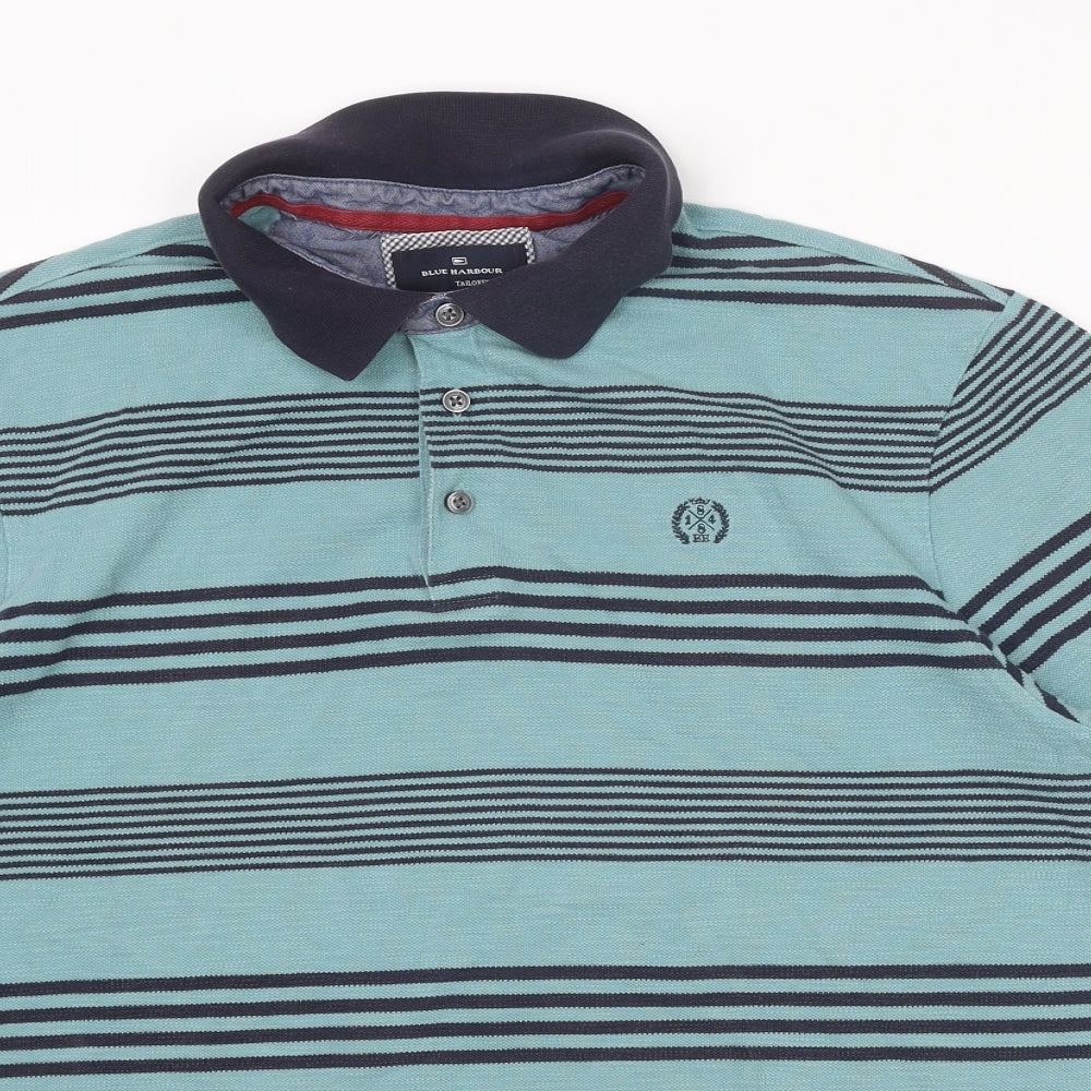 Blue Harbour Mens Blue Striped Cotton Polo Size L Collared Button