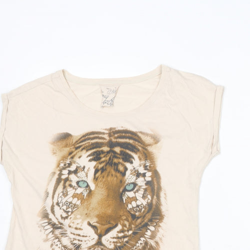 Dunnes Stores Womens Beige Cotton Basic T-Shirt Size 12 Boat Neck - Tiger