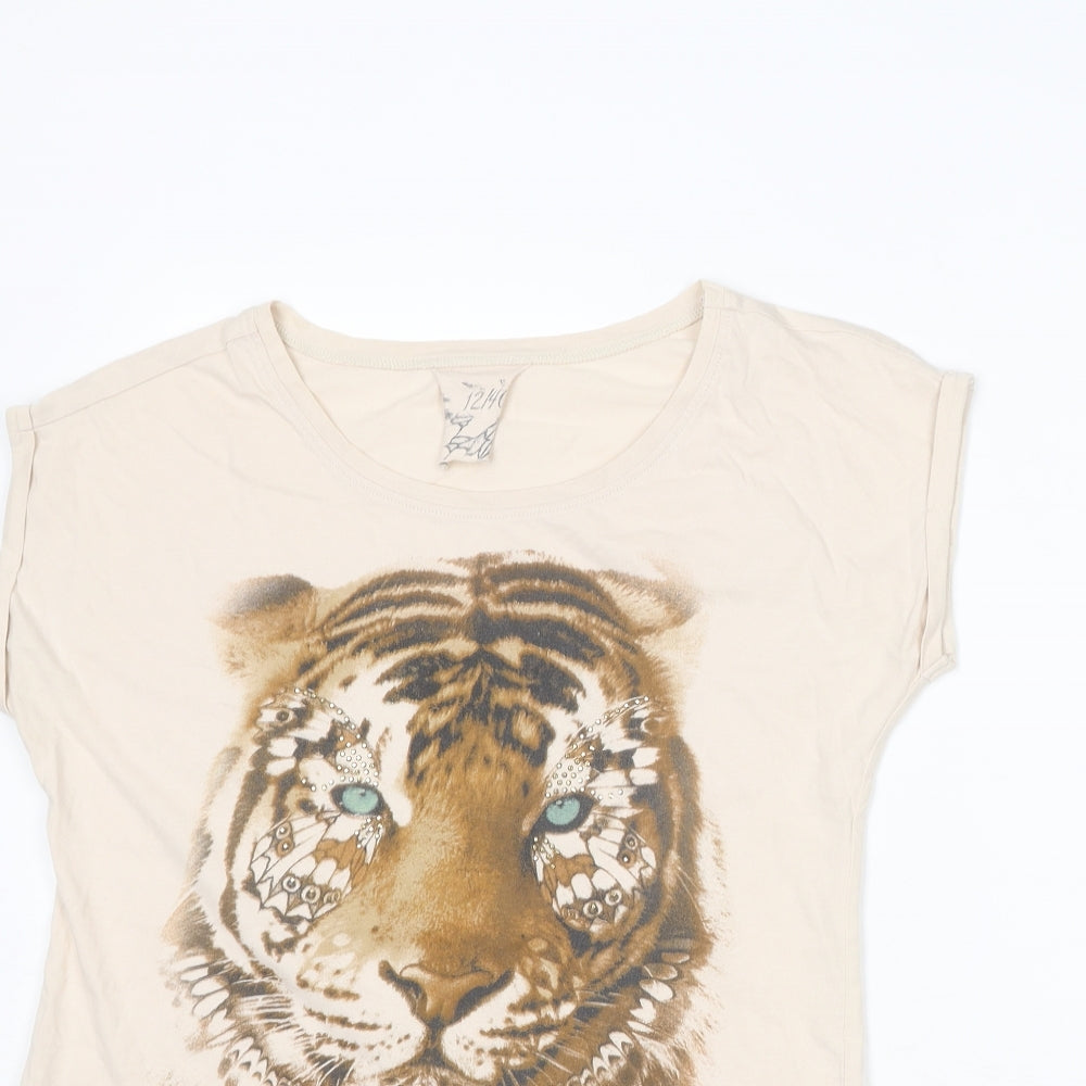 Dunnes Stores Womens Beige Cotton Basic T-Shirt Size 12 Boat Neck - Tiger