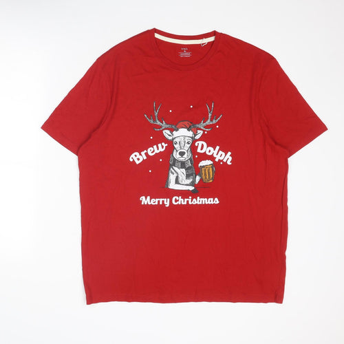 Marks and Spencer Mens Red Cotton T-Shirt Size XL Round Neck - Merry Christmas Brew-Dolph Reindeer