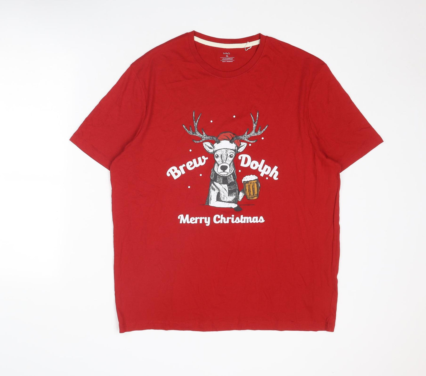Marks and Spencer Mens Red Cotton T-Shirt Size XL Round Neck - Merry Christmas Brew-Dolph Reindeer