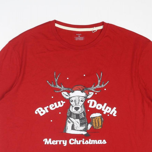 Marks and Spencer Mens Red Cotton T-Shirt Size XL Round Neck - Merry Christmas Brew-Dolph Reindeer