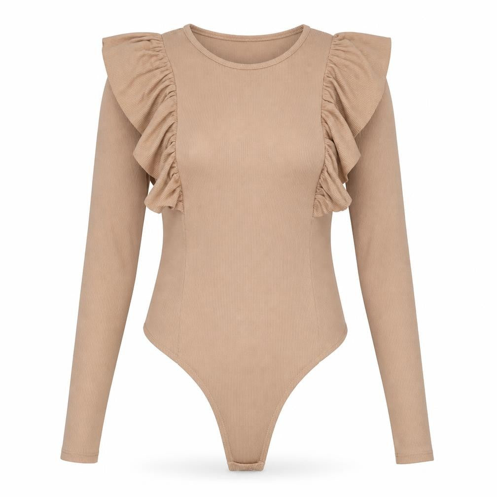 Front view of Select women’s beige polyester bodysuit one-piece, size M, snap