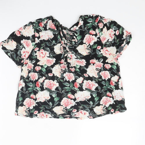 FOREVER 21 Womens Multicoloured Floral Polyester Basic T-Shirt Size M V-Neck