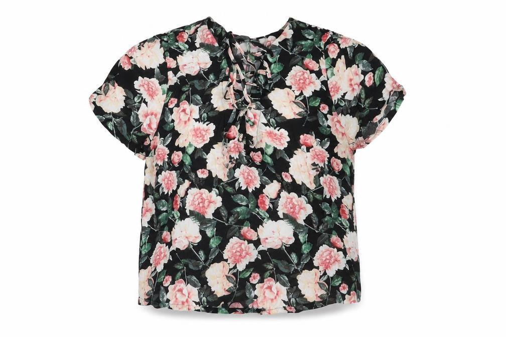 Front view of Forever 21 women’s multicoloured floral polyester basic t-shirt, size M, v-neck