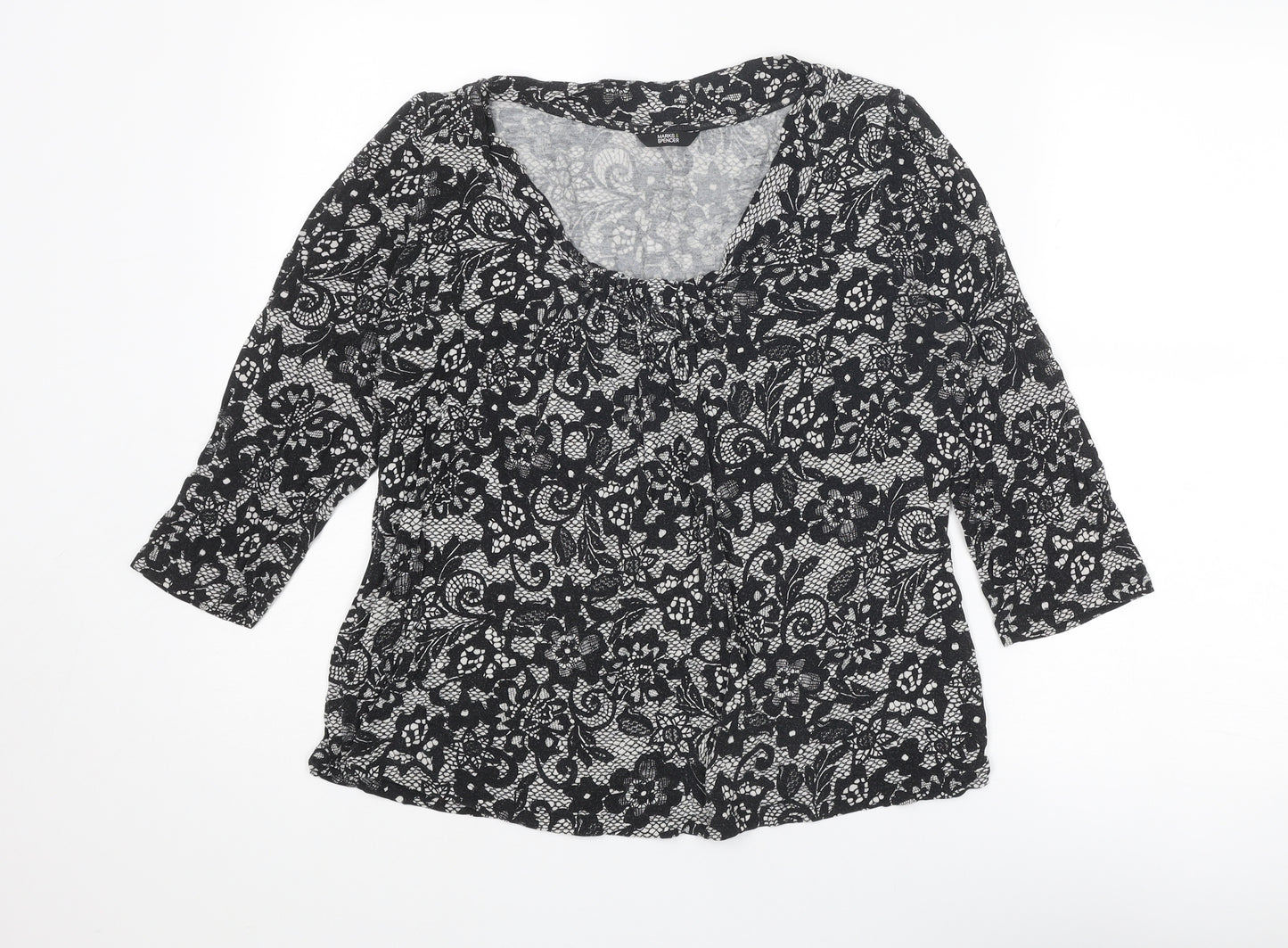 Marks and Spencer Womens Black Geometric Viscose Basic Blouse Size 16 Round Neck