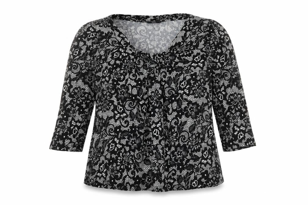Front view of Marks & Spencer women’s black geometric viscose basic blouse, size UK 16, round neck