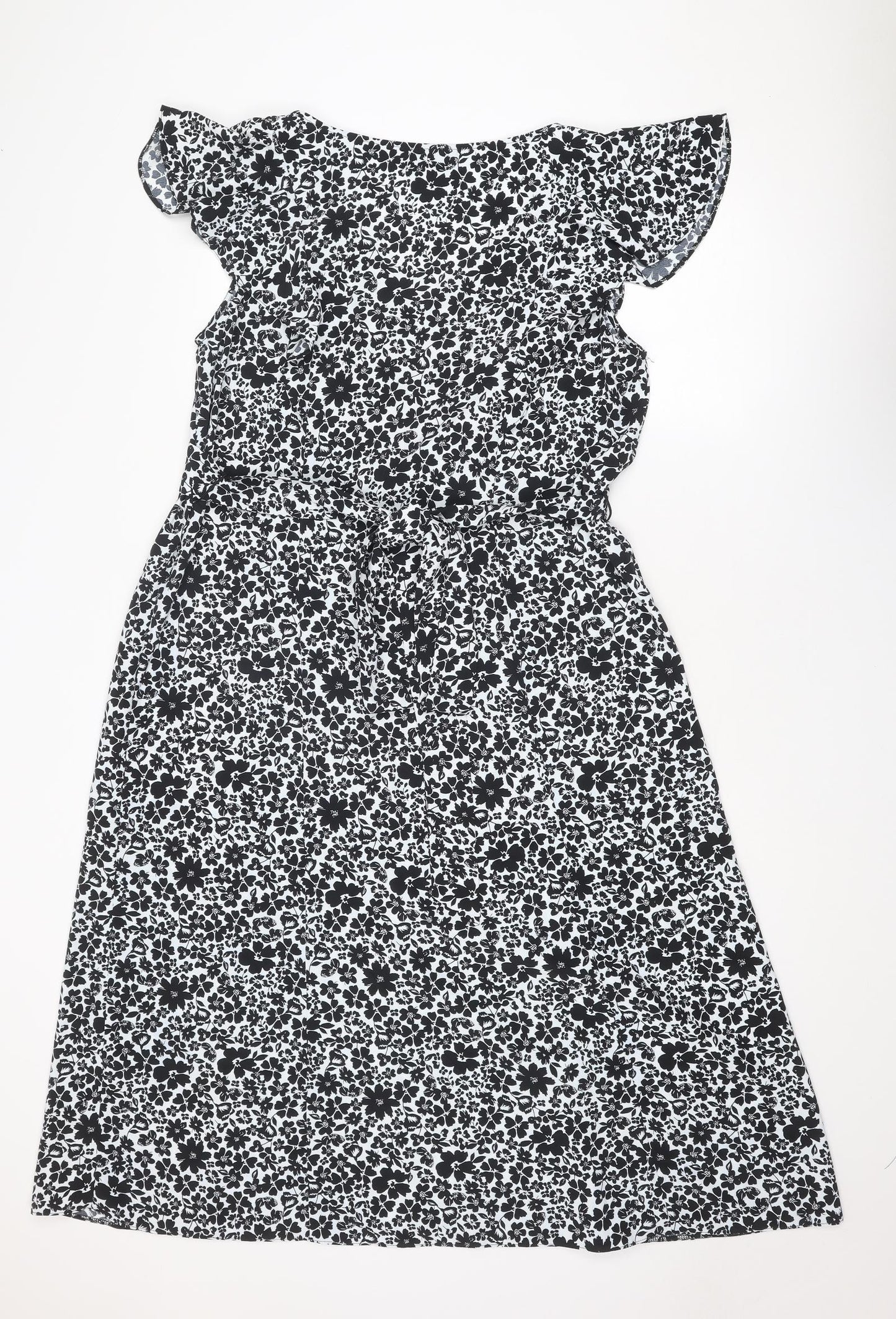 Wallis Womens Black Floral Polyester A-Line Size 14 V-Neck Pullover