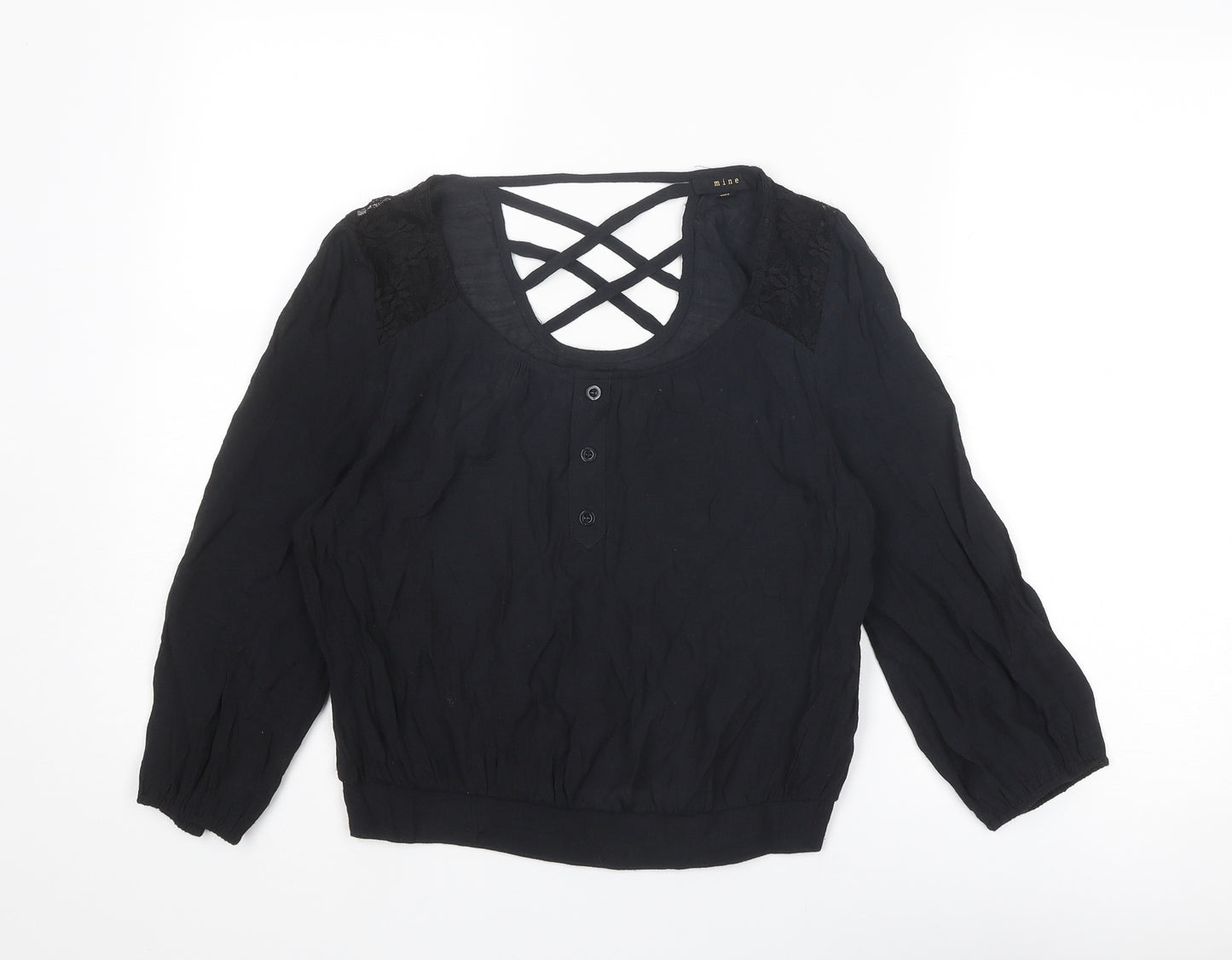 MINE Womens Black Nylon Basic Blouse Size S Round Neck
