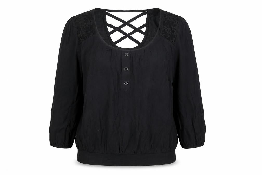 MINE Womens Black Nylon Basic Blouse Size S Round Neck