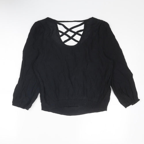 MINE Womens Black Nylon Basic Blouse Size S Round Neck
