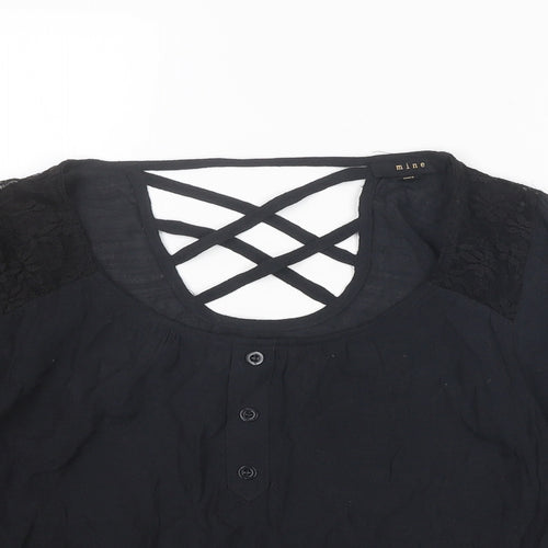 MINE Womens Black Nylon Basic Blouse Size S Round Neck