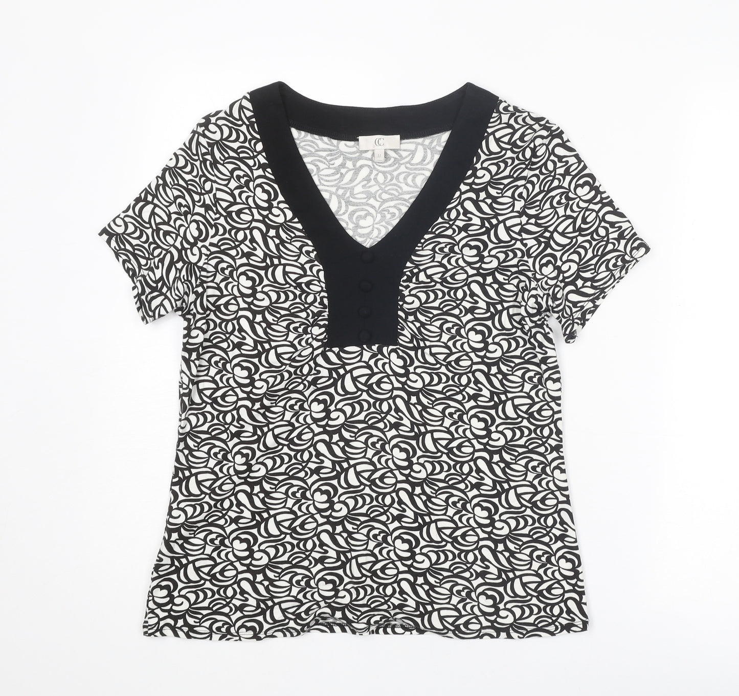 Country Casuals Womens Black Geometric Viscose Basic T-Shirt Size M V-Neck