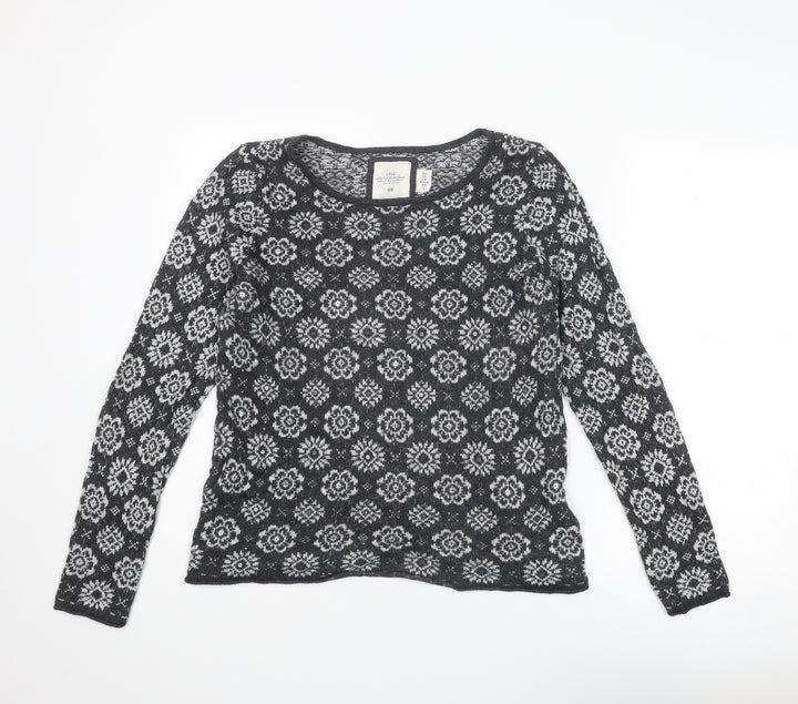 H&M Womens Grey Round Neck Geometric Cotton Pullover Jumper Size M