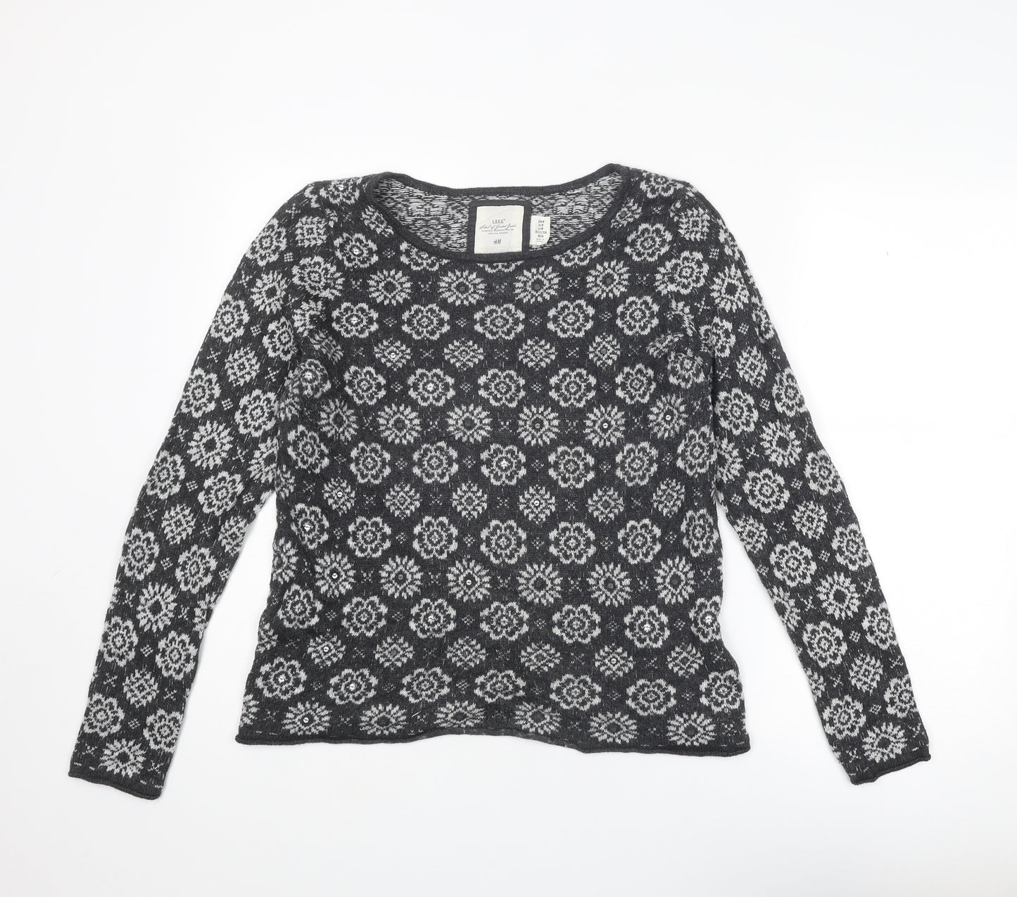 H&M Womens Grey Round Neck Geometric Cotton Pullover Jumper Size M