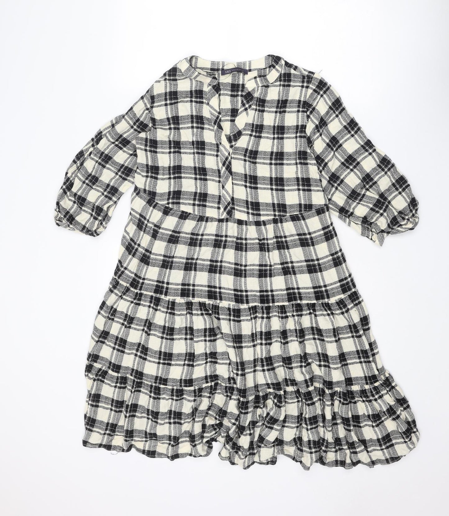 Marks and Spencer Womens Black Plaid Viscose A-Line Size 10 V-Neck Button