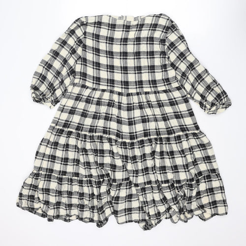 Marks and Spencer Womens Black Plaid Viscose A-Line Size 10 V-Neck Button