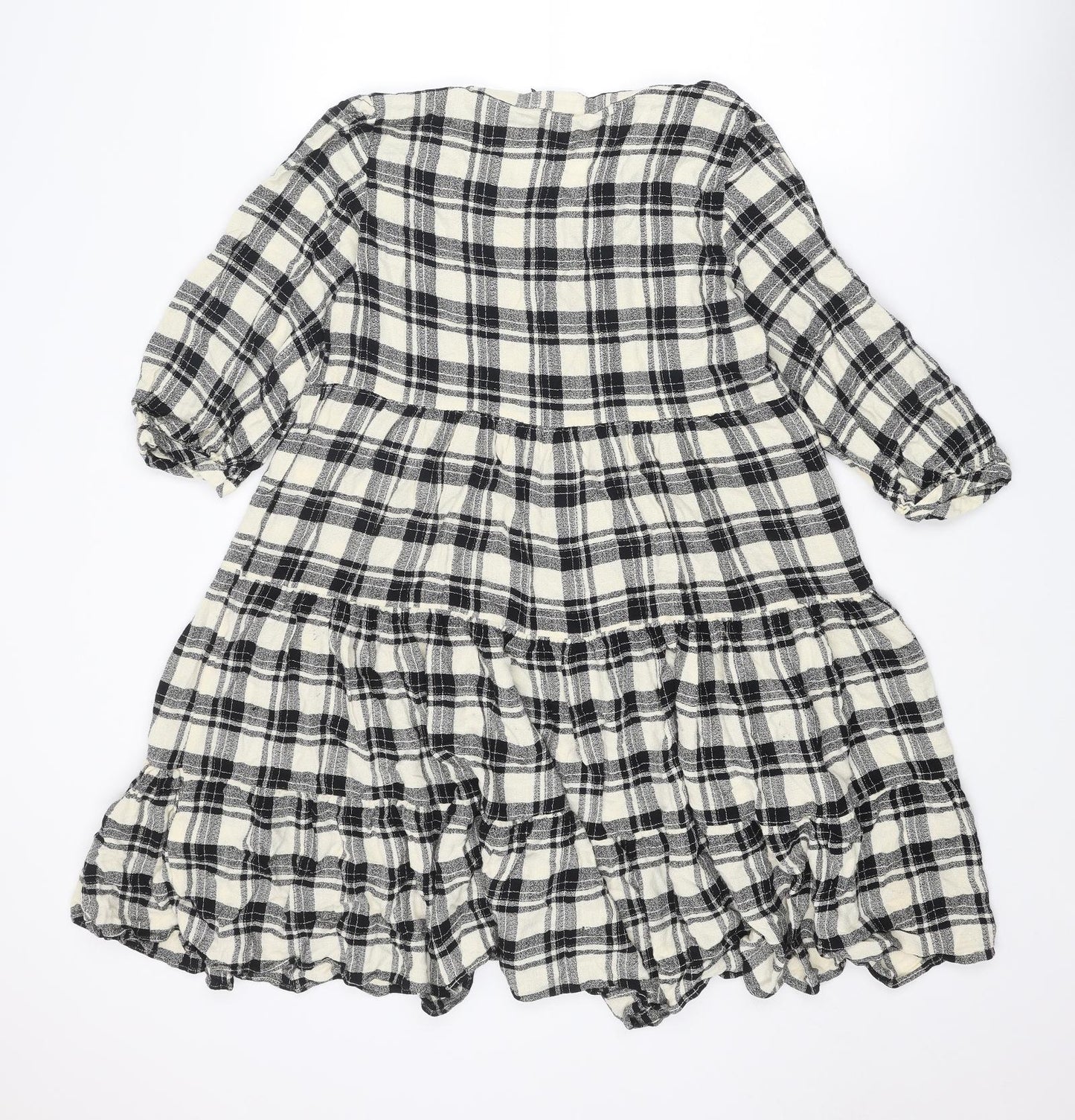 Marks and Spencer Womens Black Plaid Viscose A-Line Size 10 V-Neck Button