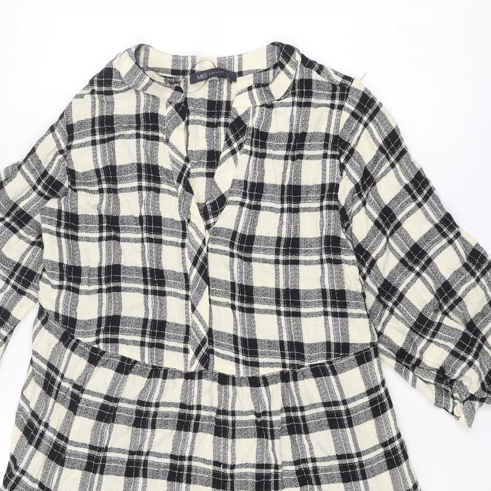 Marks and Spencer Womens Black Plaid Viscose A-Line Size 10 V-Neck Button