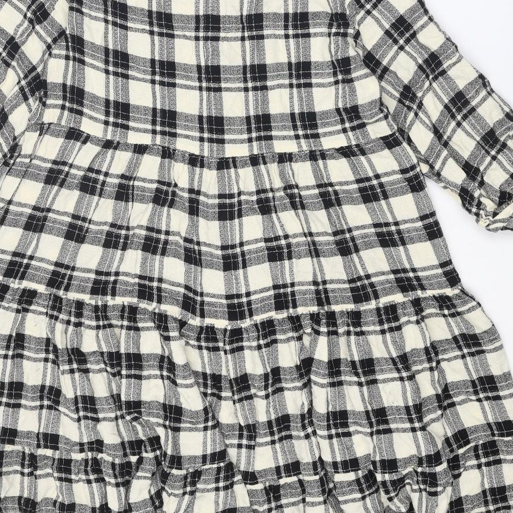 Marks and Spencer Womens Black Plaid Viscose A-Line Size 10 V-Neck Button