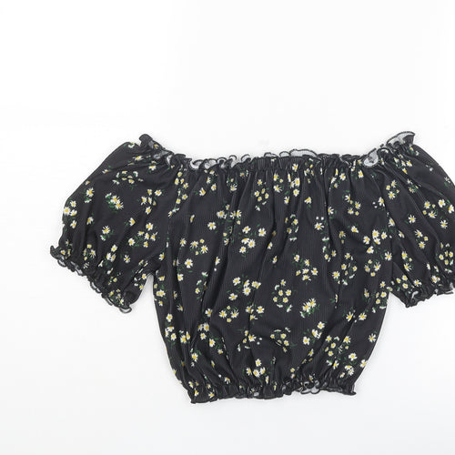 New Look Womens Black Floral Polyester Cropped Blouse Size 10 Round Neck