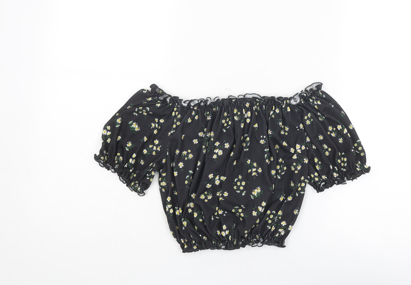 New Look Womens Black Floral Polyester Cropped Blouse Size 10 Round Neck