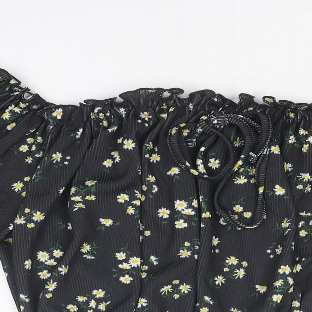 New Look Womens Black Floral Polyester Cropped Blouse Size 10 Round Neck