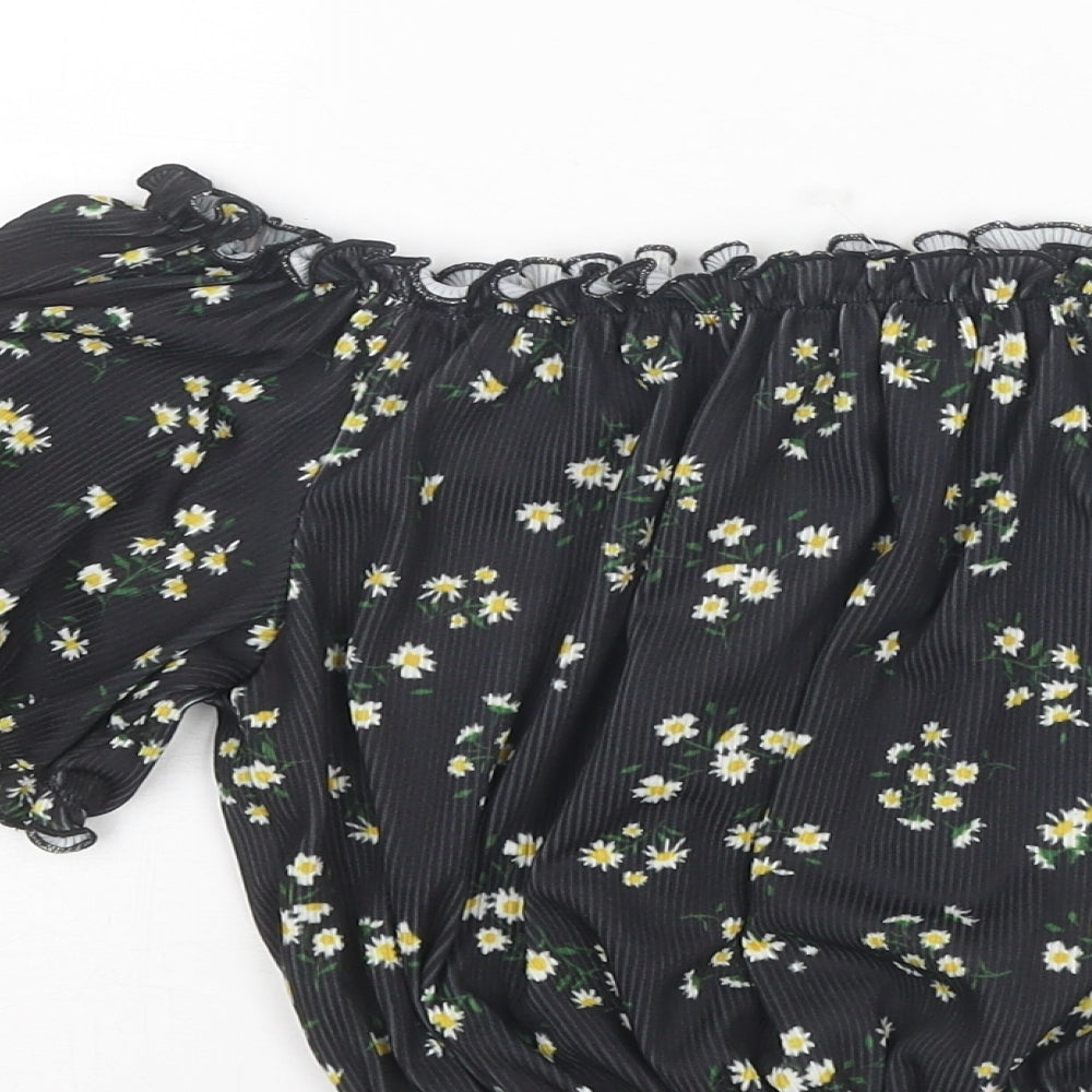 New Look Womens Black Floral Polyester Cropped Blouse Size 10 Round Neck
