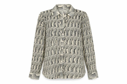 Front view of Mia Moda women’s beige geometric polyester basic button-up, size UK 18, collared