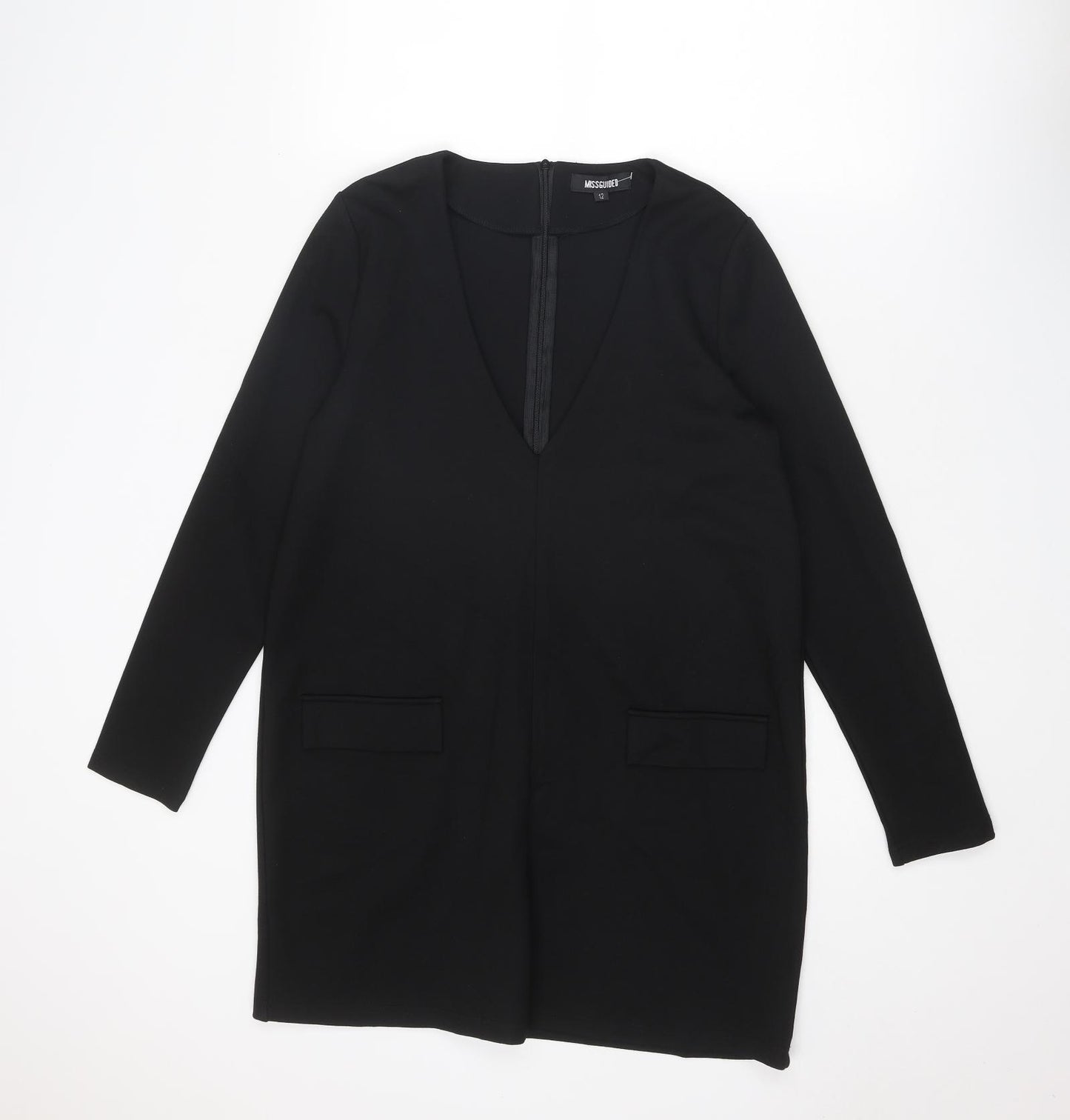Missguided Womens Black Polyester A-Line Size 12 V-Neck Zip