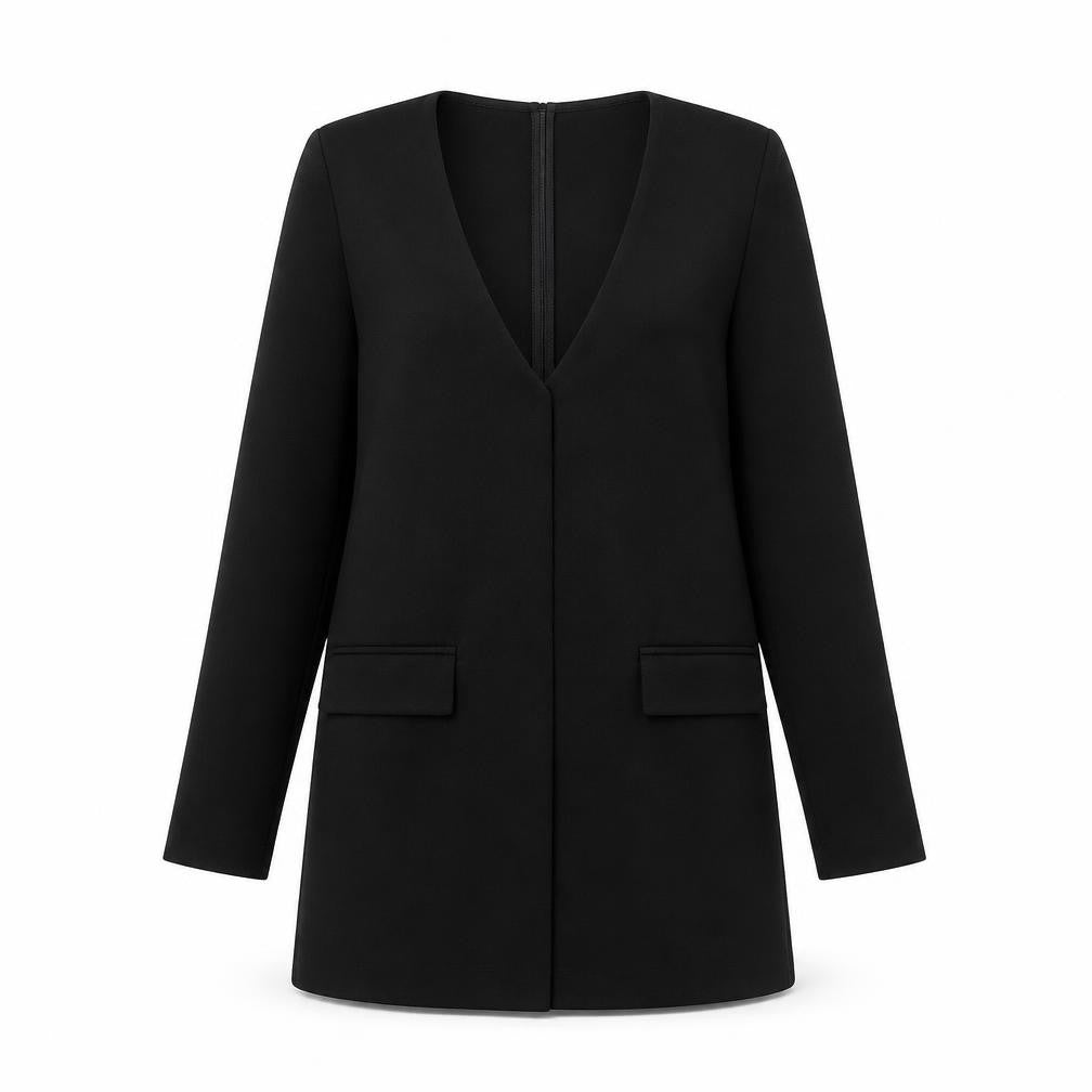 Front view of Missguided women’s black polyester a-line, size UK 12, v-neck zip
