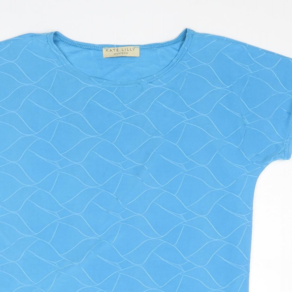 Kate Lilly Womens Blue Geometric Polyester Basic T-Shirt Size 14 Round Neck