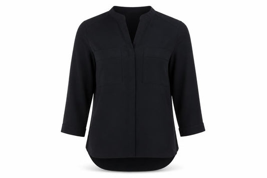 Front view of Dorothy Perkins women’s black polyester basic button-up, size UK 6, v-neck