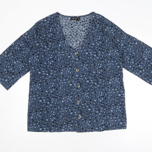 Boohoo Womens Blue Geometric Polyester Basic Blouse Size 6 V-Neck