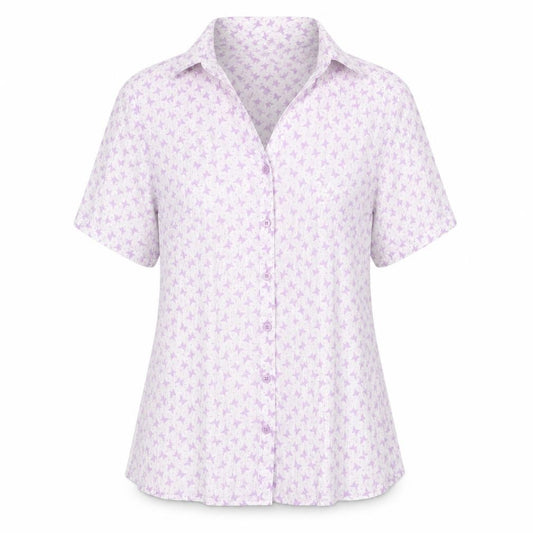 Front view of EWM women’s purple geometric polyester basic button-up, size UK 12, collared - butterfly print