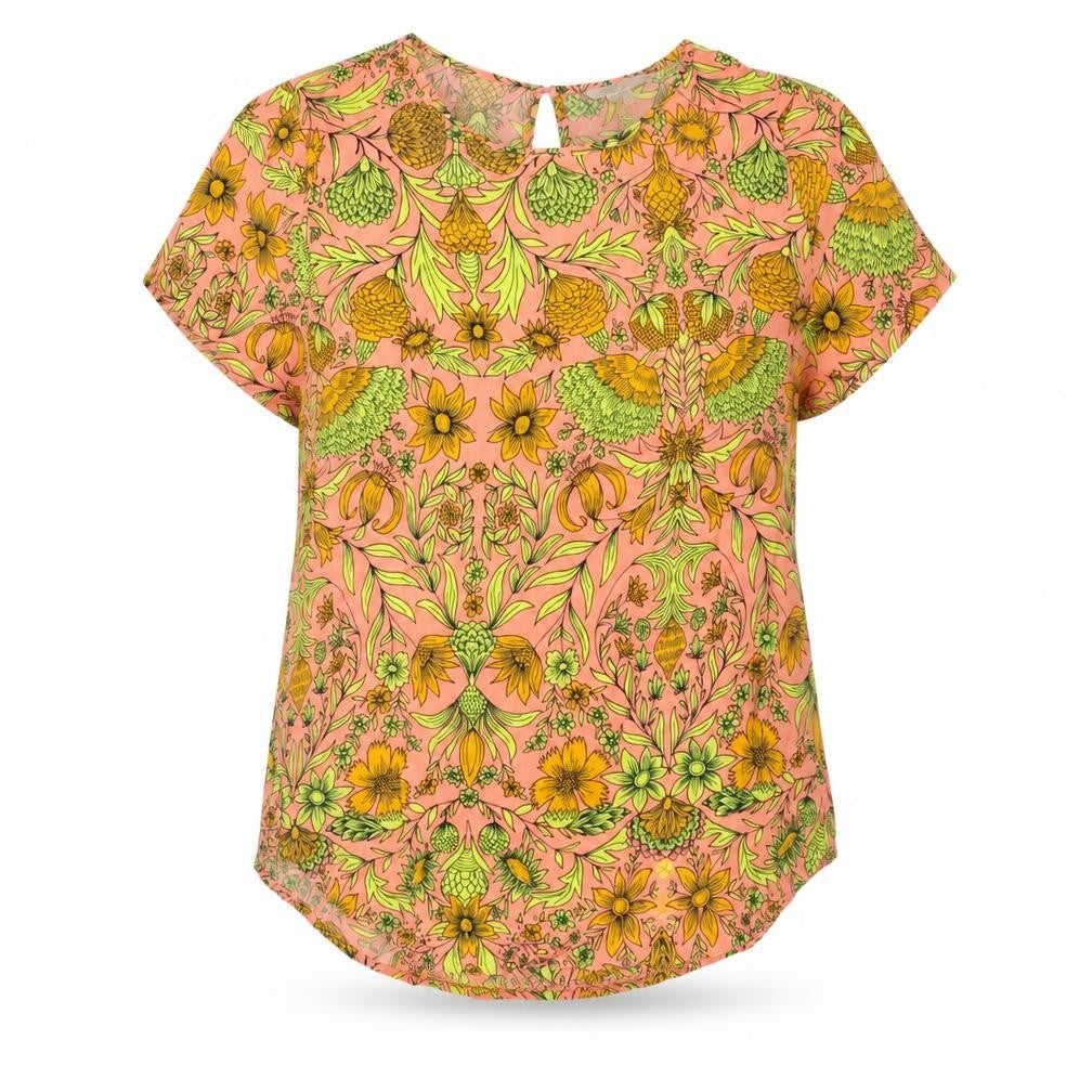 Front view of H&M women’s multicoloured geometric viscose basic t-shirt, size UK 8, round neck